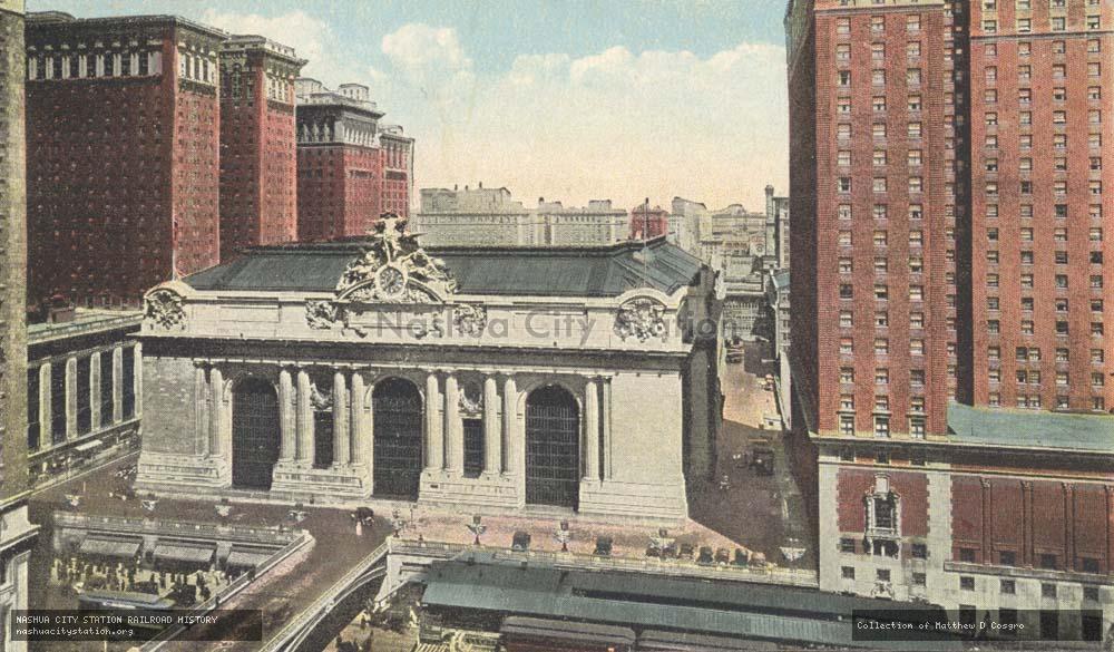 Postcard: The Grand Central Terminal showing Hotel Commodore, Yale Club and Biltmore Hotel, New York Central